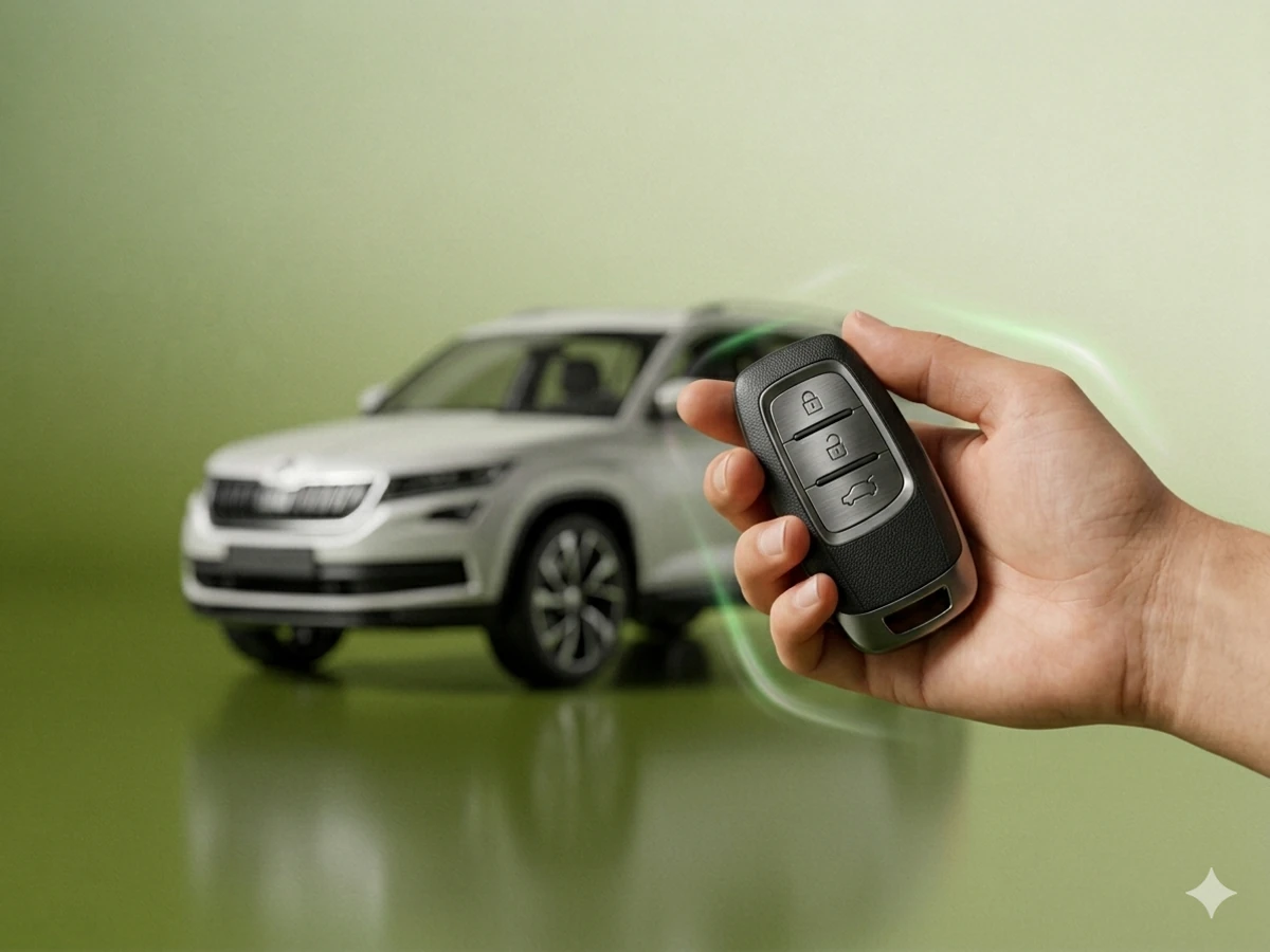 Car keys in the foreground with the car in the background